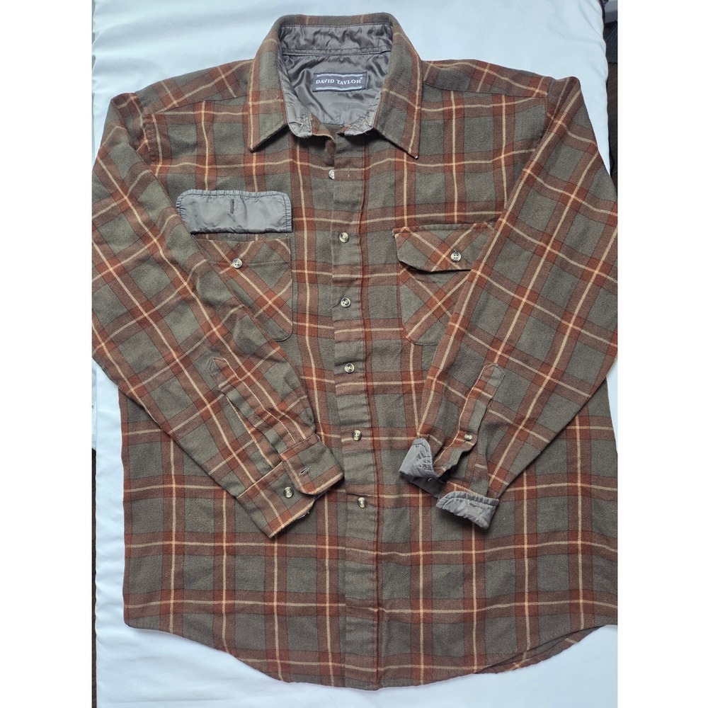 David Taylor Mens Plaid Button Down Shirt Brown Green Long Sleeve Lined Collar